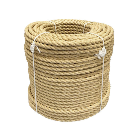 Coil of natural coloured 20mm synthetic hemp rope on a white background