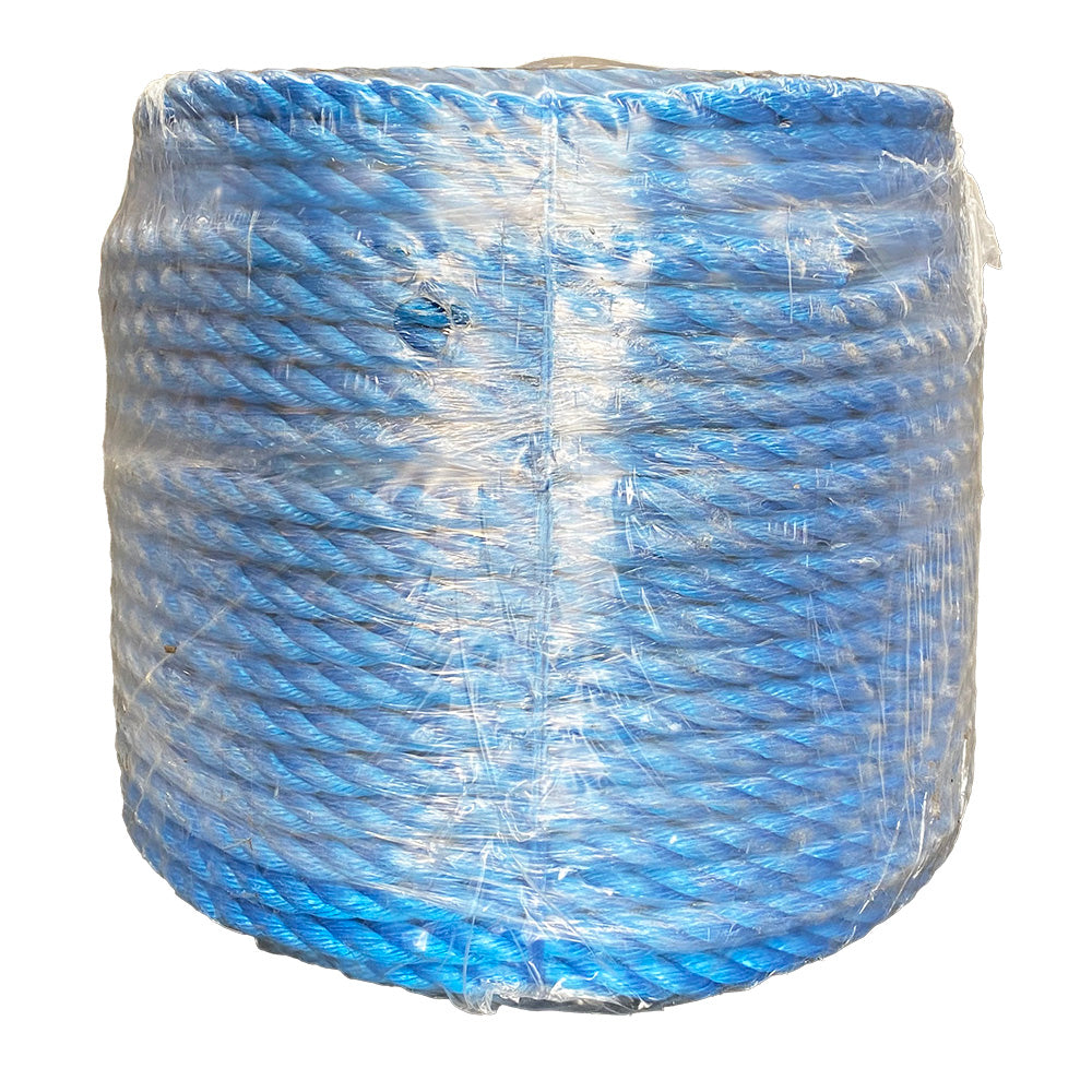 Shrink wrapped coil of 24mm blue polypropylene rope with a white background