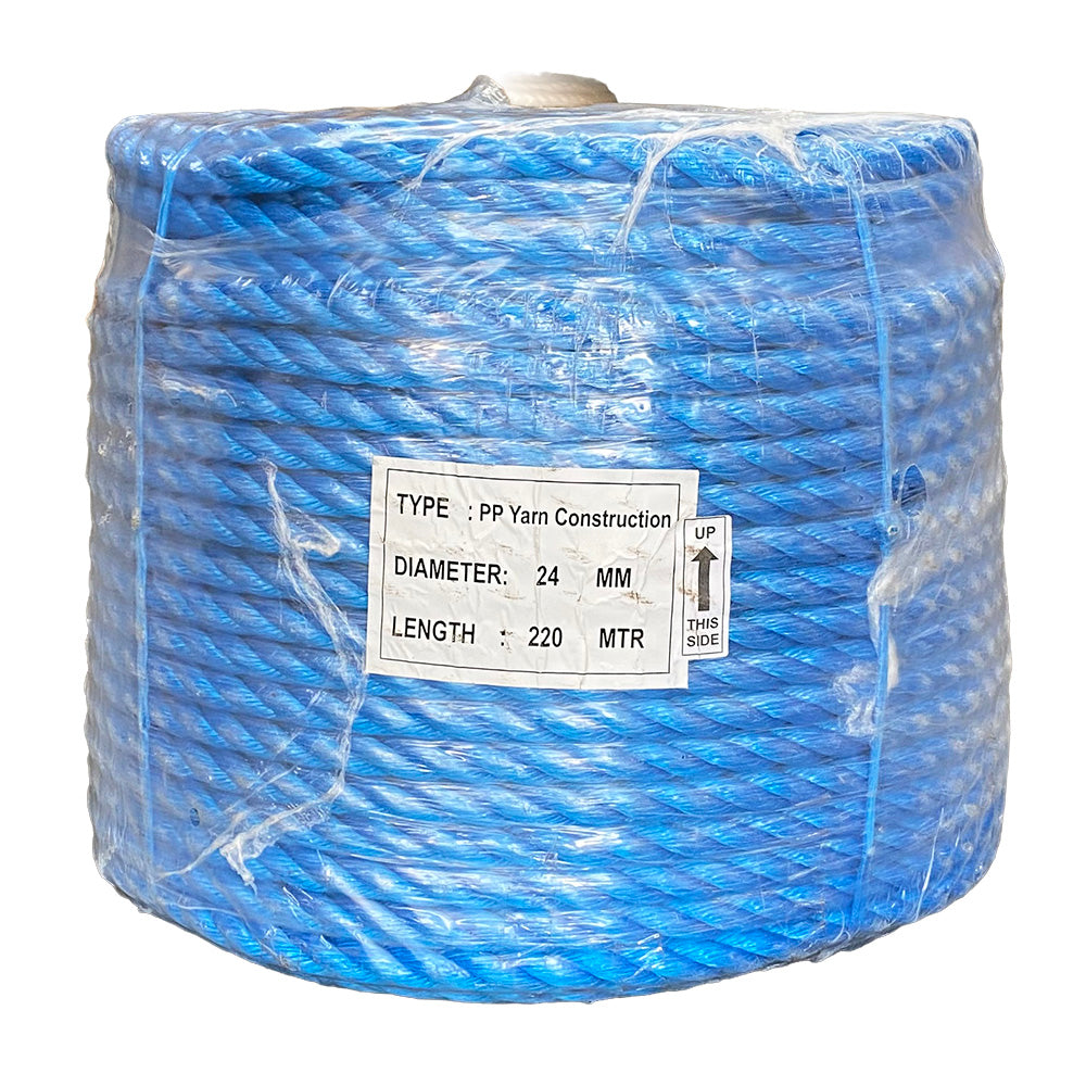 Shrink wrapped coil of 24mm blue polypropylene rope with a label on a white background
