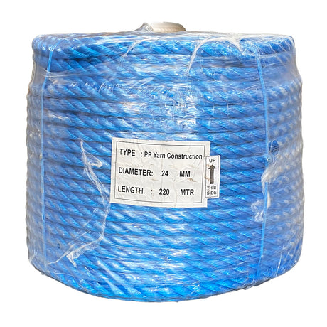 Shrink wrapped coil of 24mm blue polypropylene rope with a label on a white background