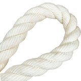 close-up of a natural white 24mm cotton rope in a knot with a white background