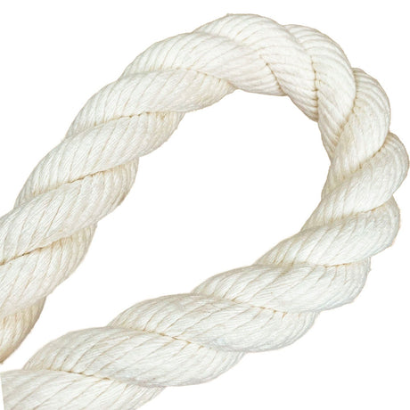 close-up of a natural white 24mm cotton rope in a knot with a white background