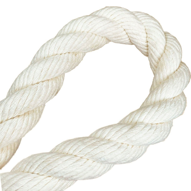 close-up of a natural white 24mm cotton rope in a knot with a white background