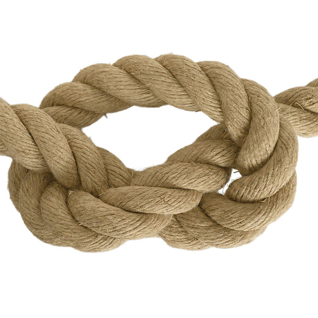 A close-up of 24mm natural flax hemp rope, arranged in a loop against a solid white background.