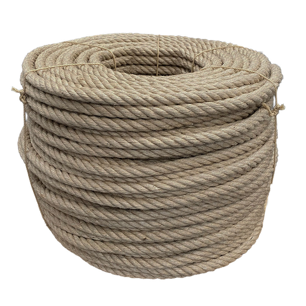 Coil of 24mm brown jute rope tied with twine against a white background