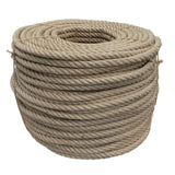 Coil of 24mm brown jute rope tied with twine against a white background