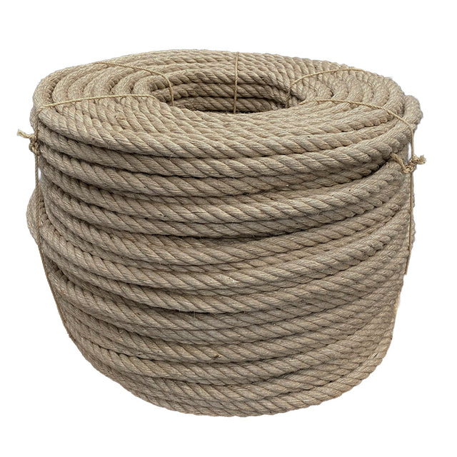 Coil of 24mm brown jute rope tied with twine against a white background