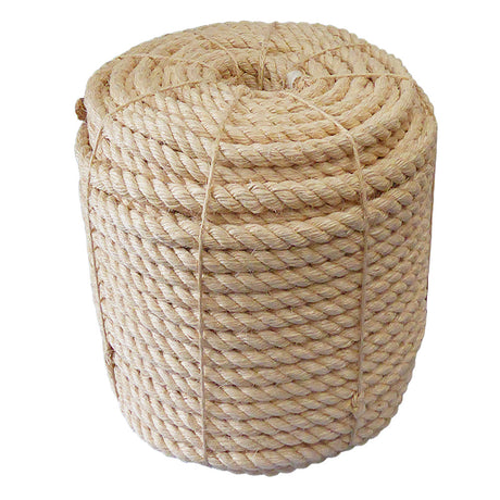 Coil of 24mm natural sisal rope tied with twine against a white background