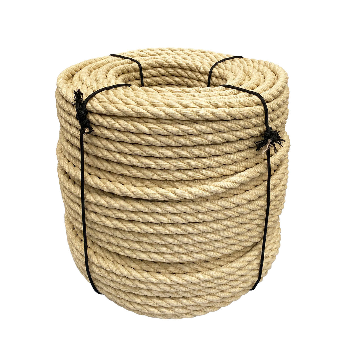 Coil of natural coloured 24mm synthetic hemp rope on a white background