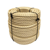 Coil of natural coloured 24mm synthetic hemp rope on a white background