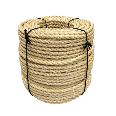 Coil of natural coloured 24mm synthetic hemp rope on a white background