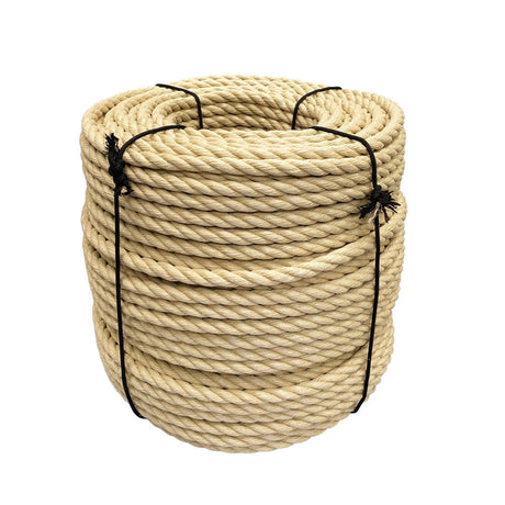 Coil of natural coloured 24mm synthetic hemp rope on a white background