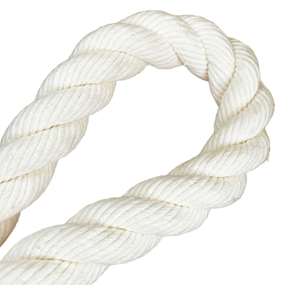 close-up of a natural white 28mm cotton rope in a knot with a white background