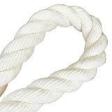 close-up of a natural white 28mm cotton rope in a knot with a white background