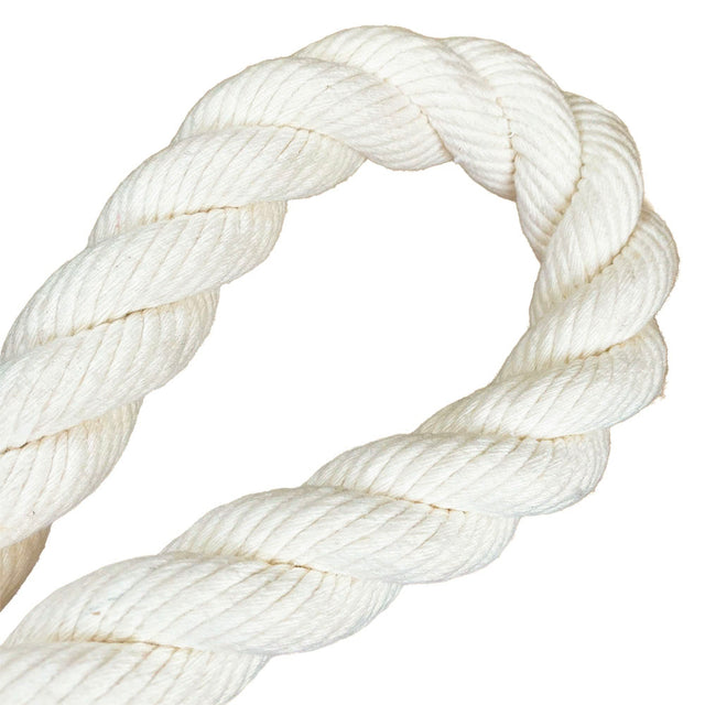close-up of a natural white 28mm cotton rope in a knot with a white background