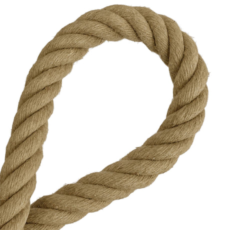 A close-up of 28mm natural flax hemp rope, arranged in a loop against a solid white background.