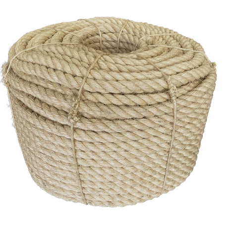 Coil of 28mm natural sisal rope tied with twine against a white background