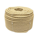 Coil of natural coloured 28mm synthetic hemp rope on a white background