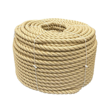 Coil of natural coloured 28mm synthetic hemp rope on a white background