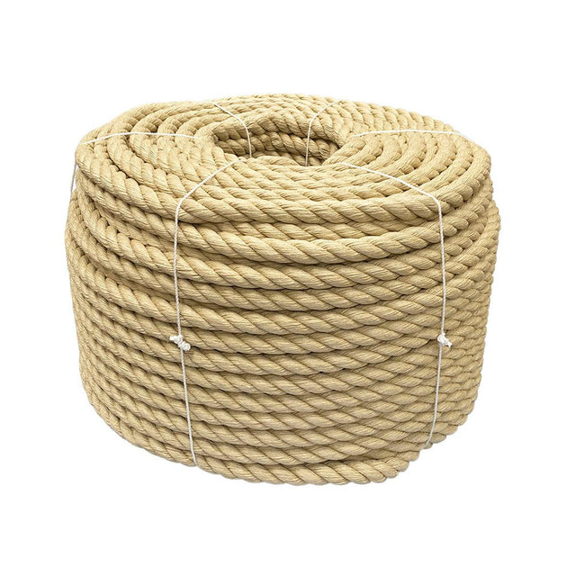 Coil of natural coloured 28mm synthetic hemp rope on a white background