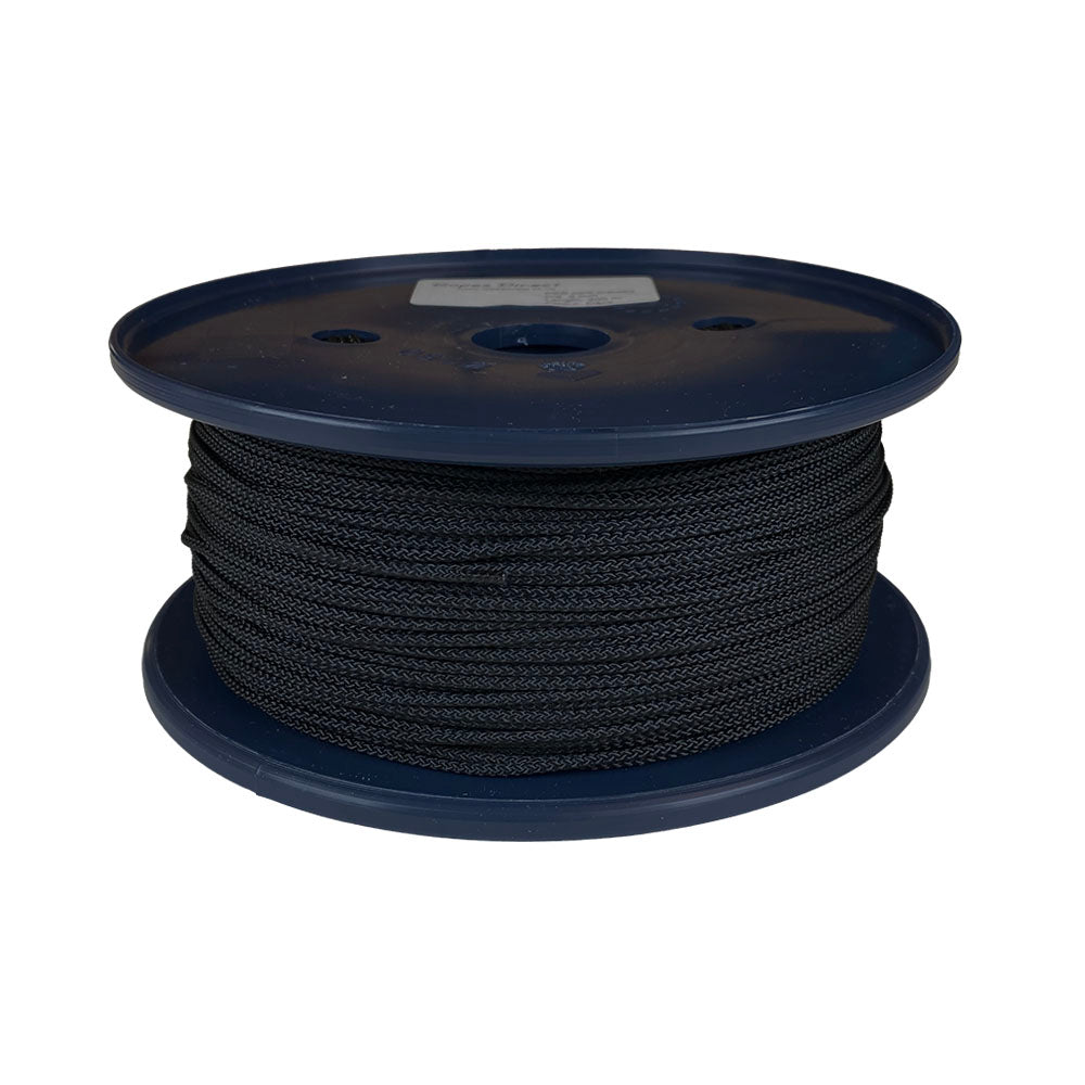 Spool of 2mm black braided polyester cord on a plastic reel with a white background