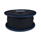 Spool of 2mm black braided polyester cord on a plastic reel with a white background