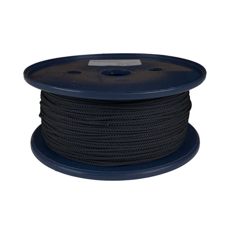 Spool of 2mm black braided polyester cord on a plastic reel with a white background