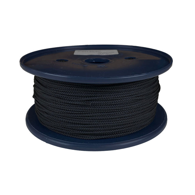 Spool of 2mm black braided polyester cord on a plastic reel with a white background