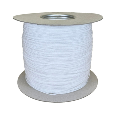 A large spool of white braided cord rope, wound tightly on a light gray cardboard core with a metal core, shown against a plain white background.