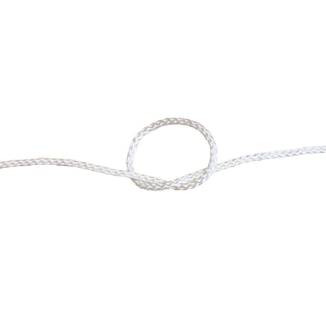 A close-up of a white braided rope tied in a loop knot on a plain white background.