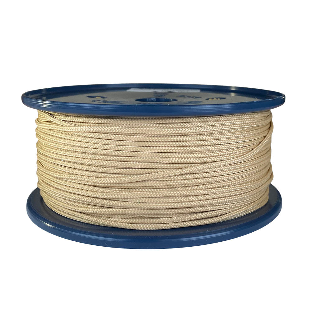 spool of 2mm beige braided cord on a plastic reel on a white background