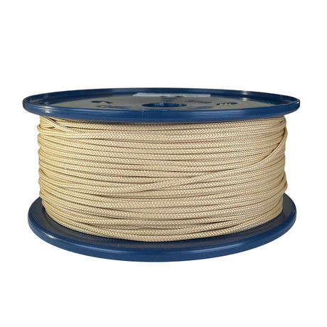 spool of 2mm beige braided cord on a plastic reel on a white background