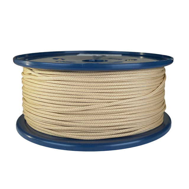 spool of 2mm beige braided cord on a plastic reel on a white background