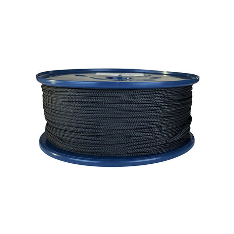 spool of 2mm black braided cord on a plastic reel on a white background