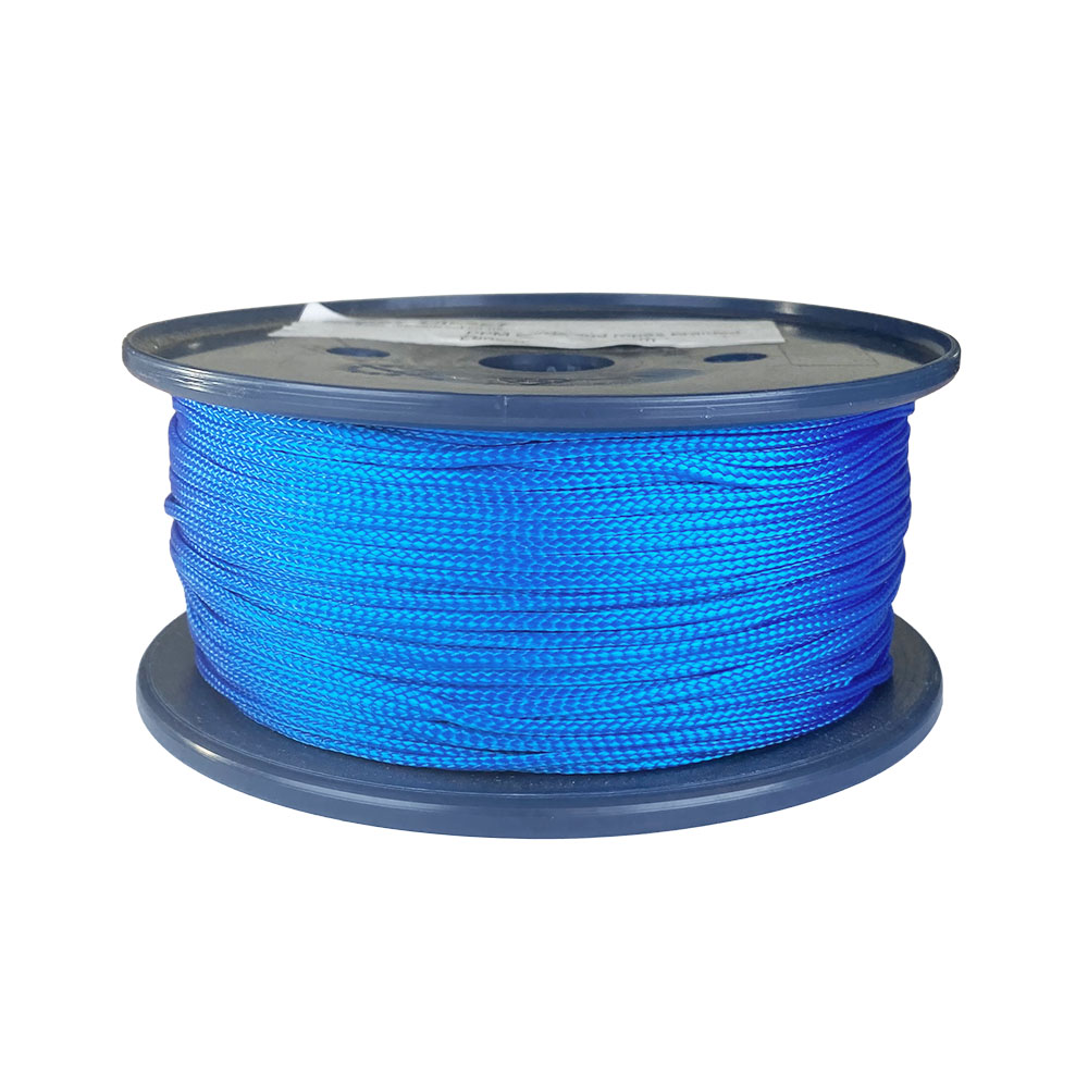 spool of 2mm blue braided cord on a plastic reel on a white background