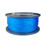 spool of 2mm blue braided cord on a plastic reel on a white background