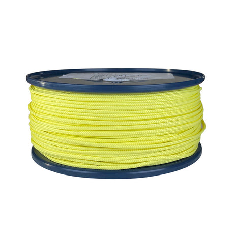 spool of 2mm fluro yellow braided cord on a plastic reel on a white background