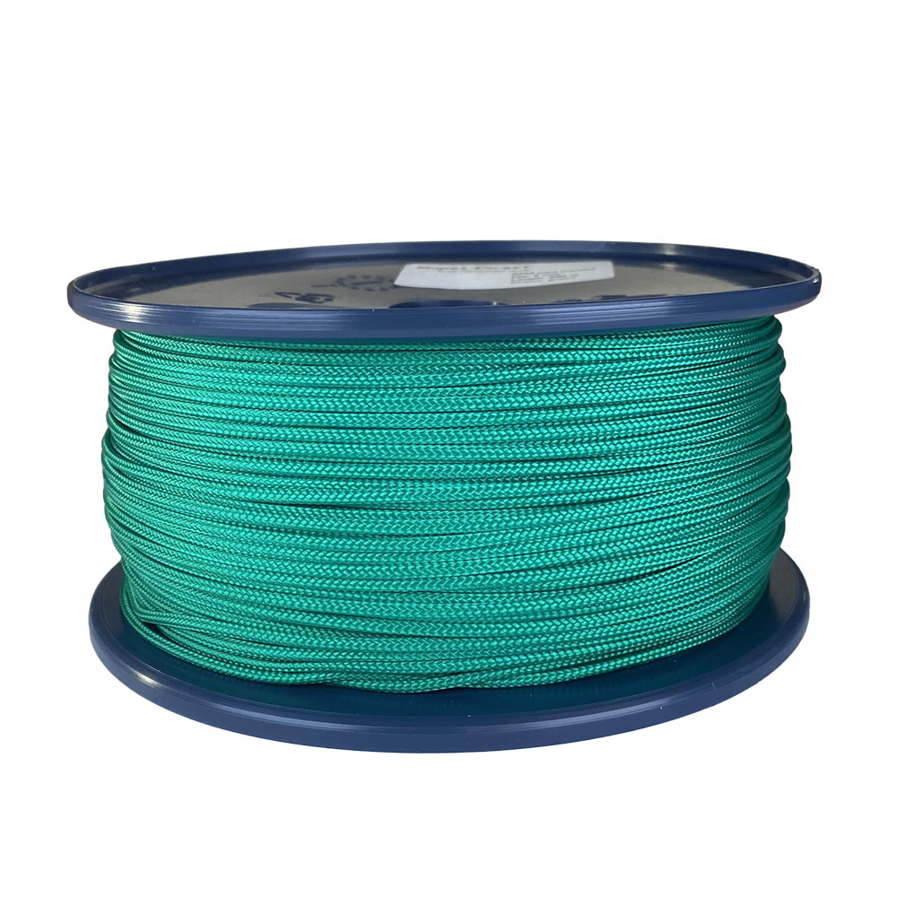 spool of 2mm green braided cord on a plastic reel on a white background