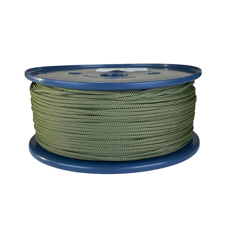 spool of 2mm khaki braided cord on a plastic reel on a white background