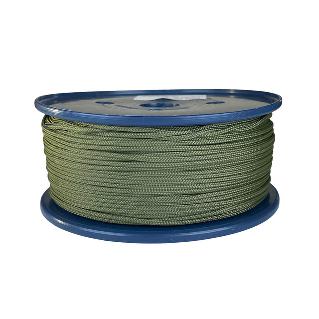 spool of 2mm khaki braided cord on a plastic reel on a white background
