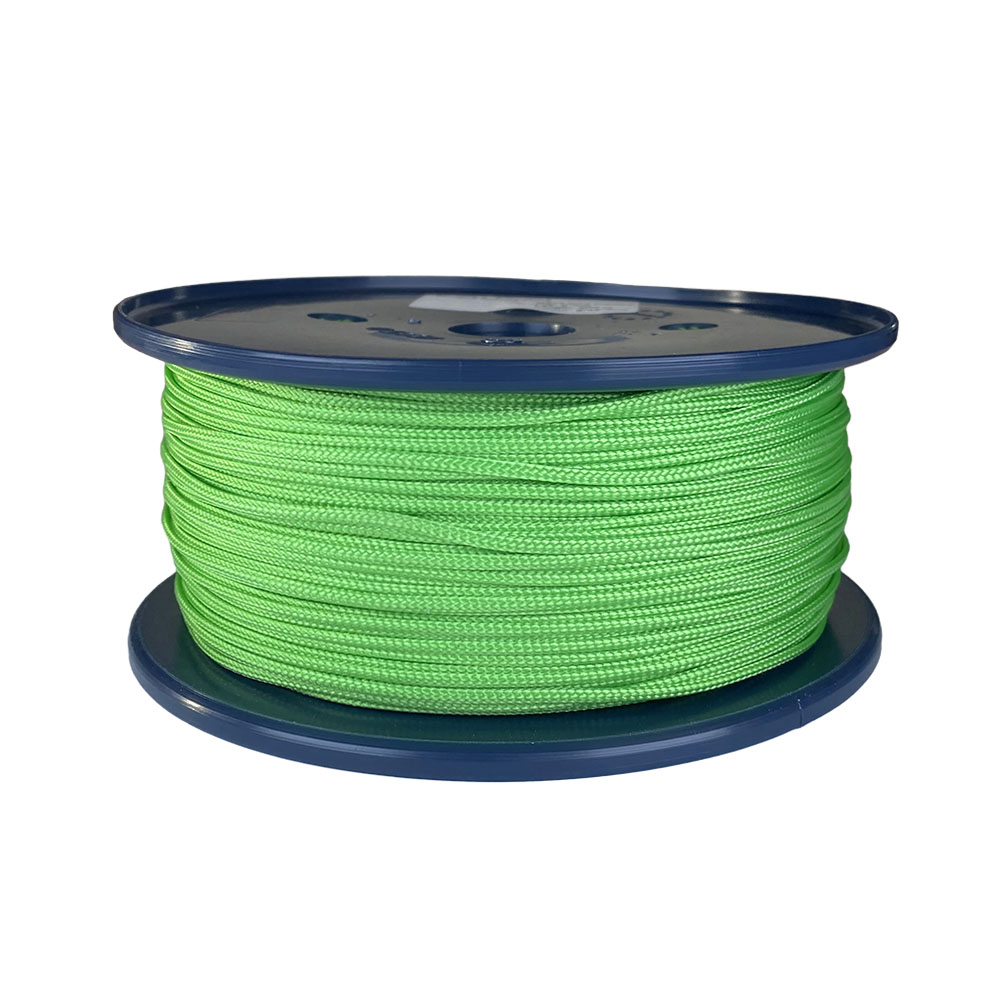 spool of 2mm lime green braided cord on a plastic reel on a white background