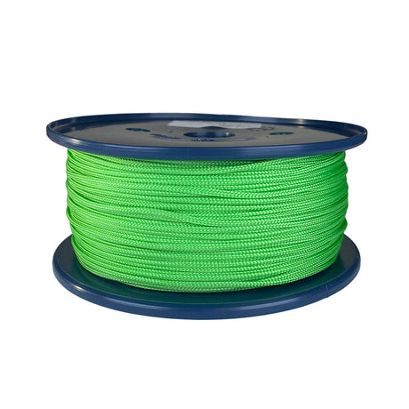 spool of 2mm lime green braided cord on a plastic reel on a white background
