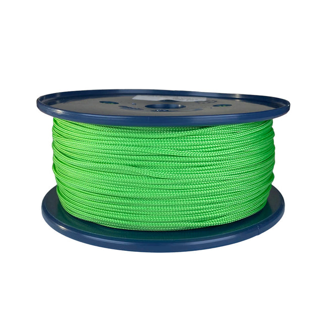 spool of 2mm lime green braided cord on a plastic reel on a white background