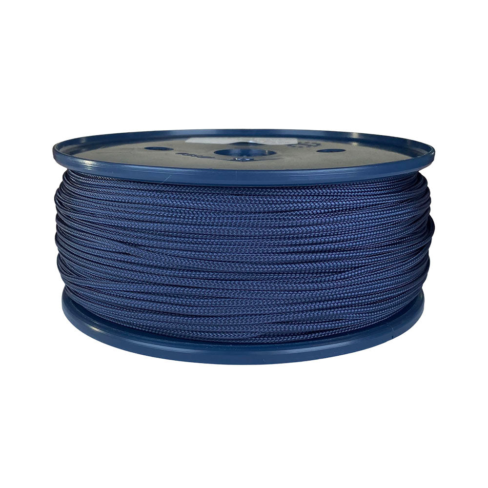 spool of 2mm navy blue braided cord on a plastic reel on a white background