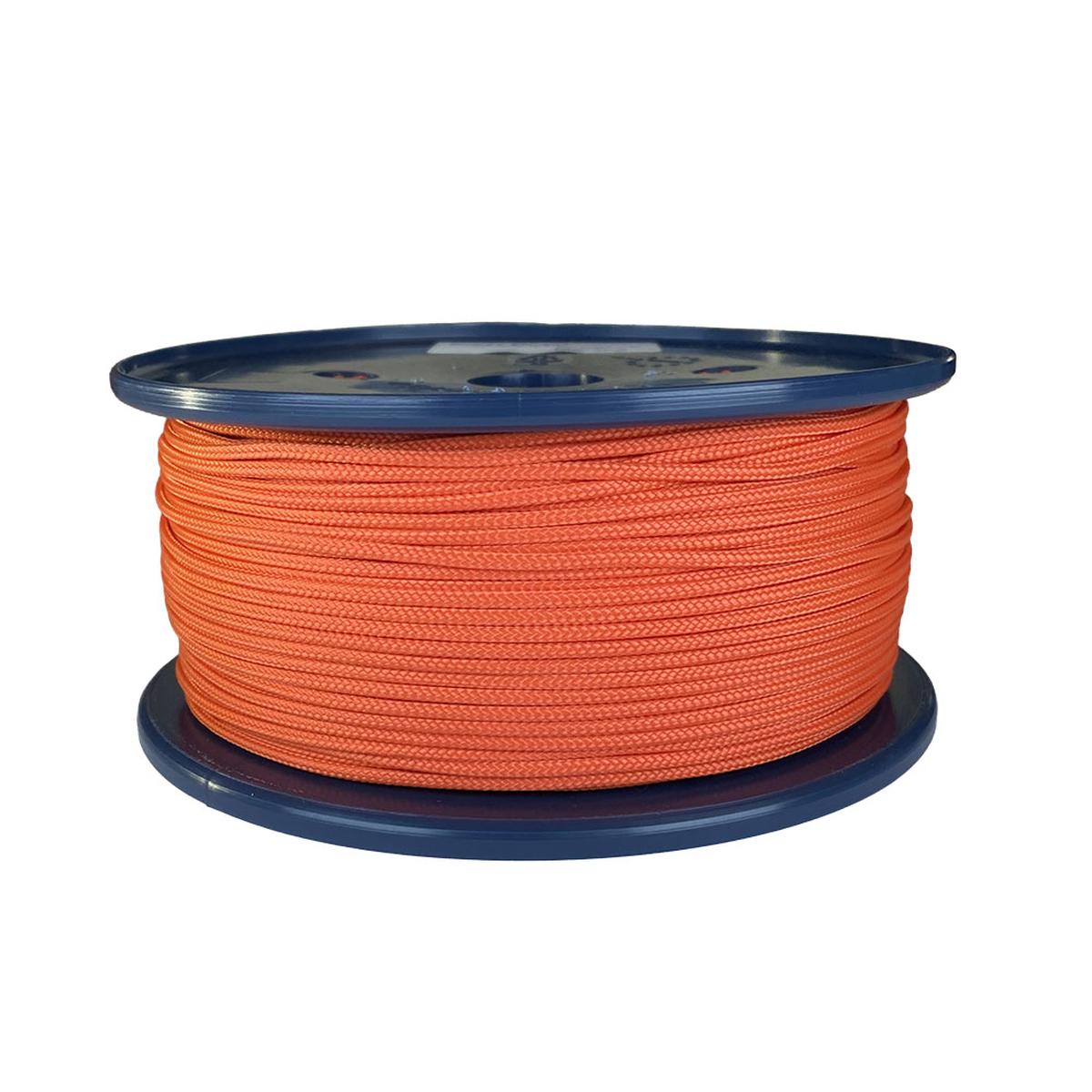 spool of 2mm orange braided cord on a plastic reel on a white background