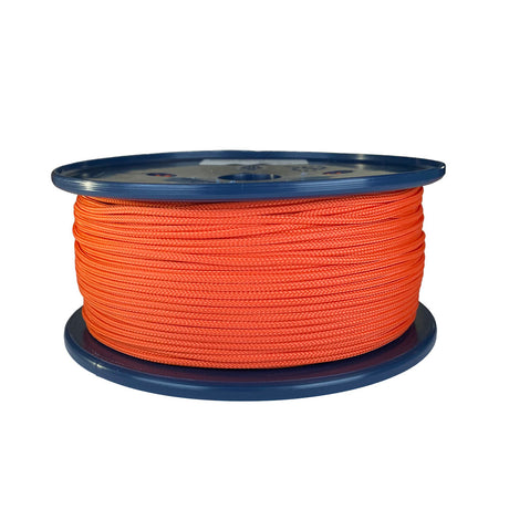spool of 2mm orange braided cord on a plastic reel on a white background