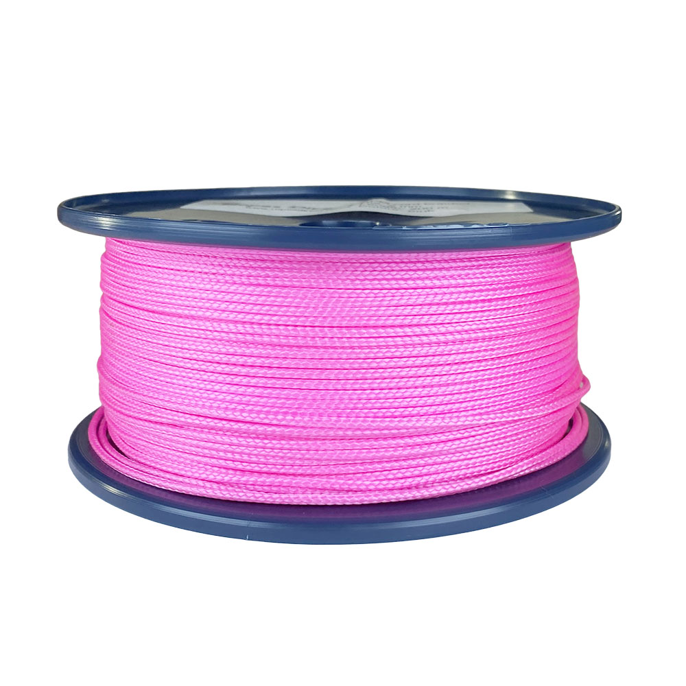 spool of 2mm pink braided cord on a plastic reel on a white background