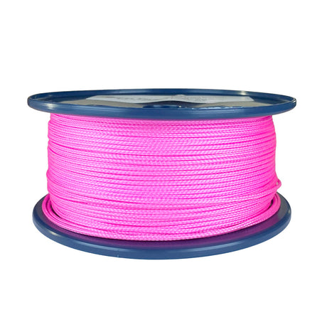 spool of 2mm pink braided cord on a plastic reel on a white background