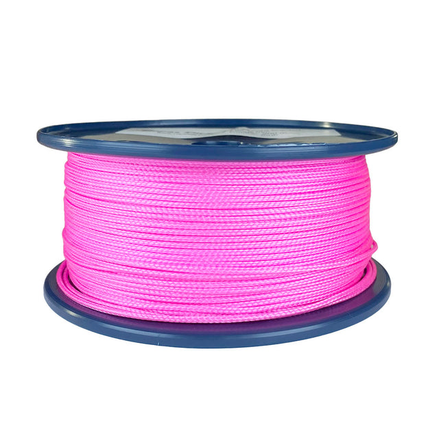 spool of 2mm pink braided cord on a plastic reel on a white background