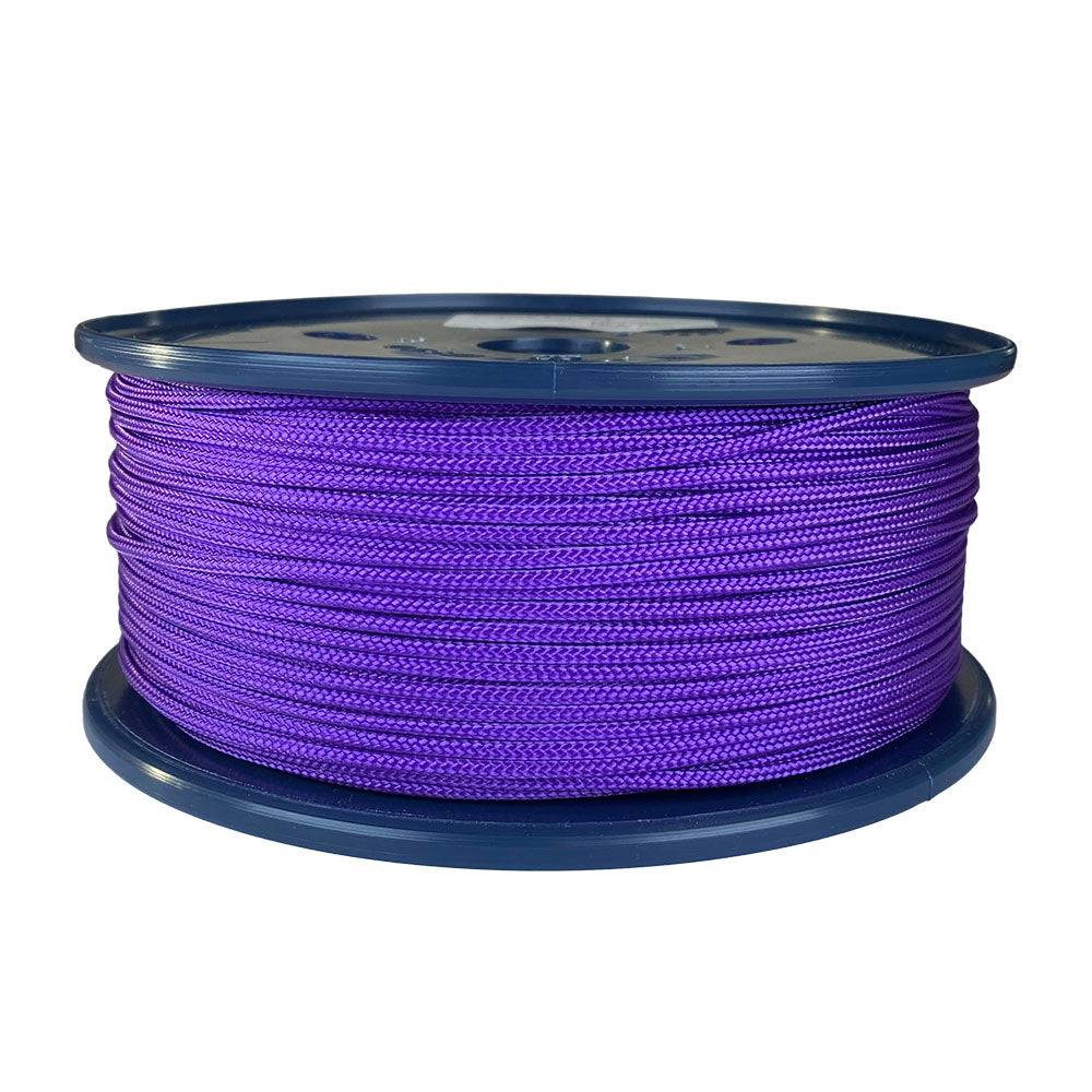 spool of 2mm purple braided cord on a plastic reel on a white background